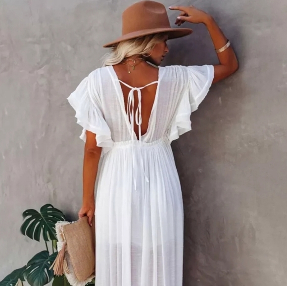 New Flowy Semi Sheer Maxi Cover Up Dress Summer White - Picture 8 of 11